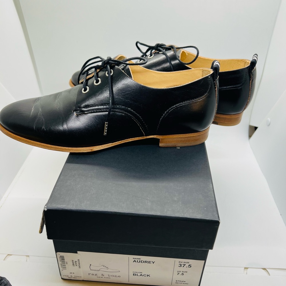 NWT rag & bone Audrey Black Leather Oxford Brogues Shoes Tan Bottoms 7.5